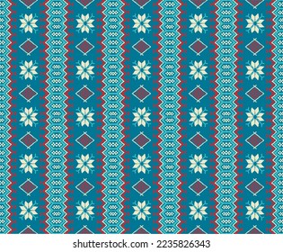 Vector nordic ornament. winter scandinavian seamless pattern, border design for fashion fabric, knit, textile, cross embroidery. Norwegian background with red and blue colors