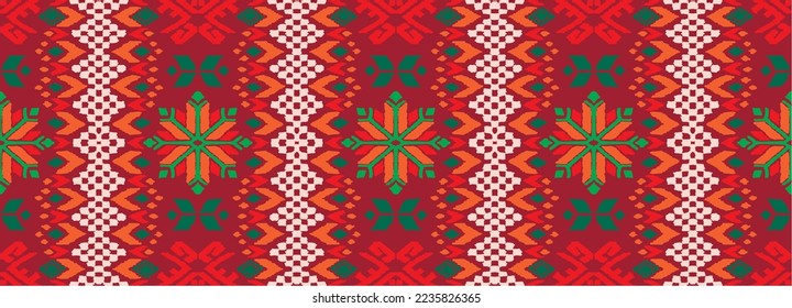 Vector nordic ornament. winter scandinavian seamless pattern, border design for fashion fabric, knit, textile, cross embroidery. Norwegian background with red and blue colors