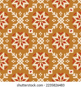 Vector nordic ornament. winter scandinavian seamless pattern, border design for fashion fabric, knit, textile, cross embroidery. Norwegian background with red and blue colors