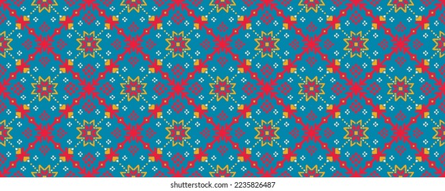 Vector nordic ornament. winter scandinavian seamless pattern, border design for fashion fabric, knit, textile, cross embroidery. Norwegian background with red and blue colors