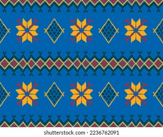 Vector nordic ornament. winter scandinavian seamless pattern, border design for fashion fabric, knit, textile, cross embroidery. Norwegian background with red and blue colors