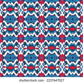 Vector nordic ornament. winter scandinavian seamless pattern, border design for fashion fabric, knit, textile, cross embroidery. Norwegian background with red and blue colors