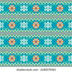Vector nordic ornament. winter scandinavian seamless pattern, border design for fashion fabric, knit, textile, cross embroidery. Norwegian background with red and blue colors