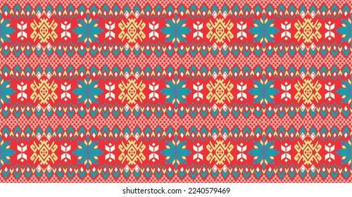 Vector nordic ornament. winter scandinavian seamless pattern, border design for fashion fabric, knit, textile, cross embroidery. Norwegian background with red and blue colors