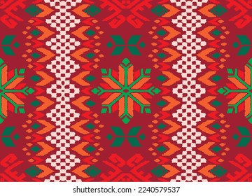 Vector nordic ornament. winter scandinavian seamless pattern, border design for fashion fabric, knit, textile, cross embroidery. Norwegian background with red and blue colors