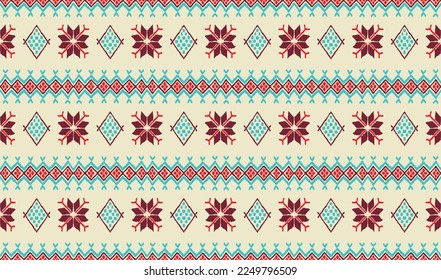 Vector nordic ornament. winter scandinavian seamless pattern, border design for fashion fabric, knit, textile, cross embroidery. Norwegian background with red and blue colors