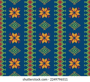 Vector nordic ornament. winter scandinavian seamless pattern, border design for fashion fabric, knit, textile, cross embroidery. Norwegian background with red and blue colors