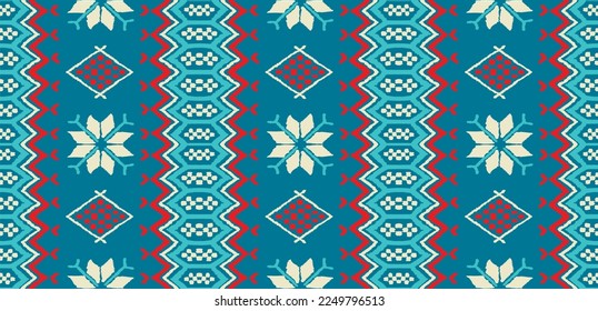 Vector nordic ornament. winter scandinavian seamless pattern, border design for fashion fabric, knit, textile, cross embroidery. Norwegian background with red and blue colors