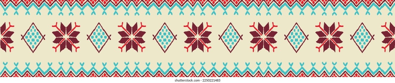 Vector nordic ornament. winter scandinavian seamless pattern, border design for fashion fabric, knit, textile, cross embroidery. Norwegian background with red and blue colors
