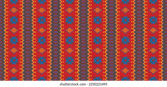 Vector nordic ornament. winter scandinavian seamless pattern, border design for fashion fabric, knit, textile, cross embroidery. Norwegian background with red and blue colors