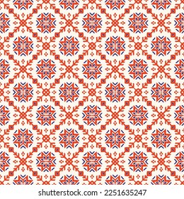 Vector nordic ornament. winter scandinavian seamless pattern, border design for fashion fabric, knit, textile, cross embroidery. Norwegian background with red and blue colors