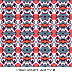 Vector nordic ornament. winter scandinavian seamless pattern, border design for fashion fabric, knit, textile, cross embroidery. Norwegian background with red and blue colors