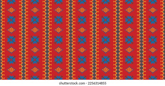 Vector nordic ornament. winter scandinavian seamless pattern, border design for fashion fabric, knit, textile, cross embroidery. Norwegian background with red and blue colors