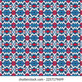 Vector nordic ornament. winter scandinavian seamless pattern, border design for fashion fabric, knit, textile, cross embroidery. Norwegian background with red and blue colors