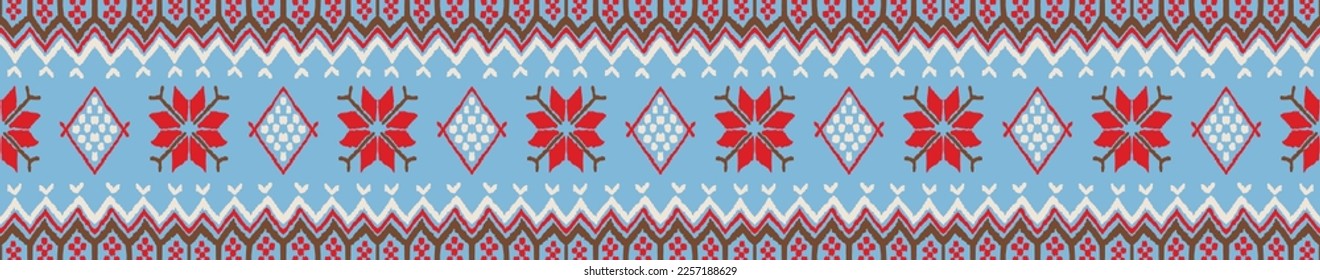 Vector nordic ornament. winter scandinavian seamless pattern, border design for fashion fabric, knit, textile, cross embroidery. Norwegian background with red and blue colors