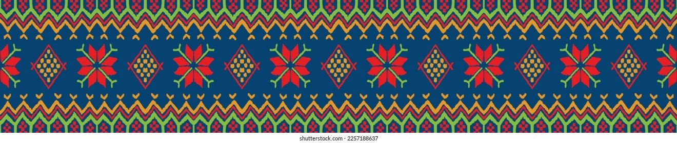 Vector nordic ornament. winter scandinavian seamless pattern, border design for fashion fabric, knit, textile, cross embroidery. Norwegian background with red and blue colors