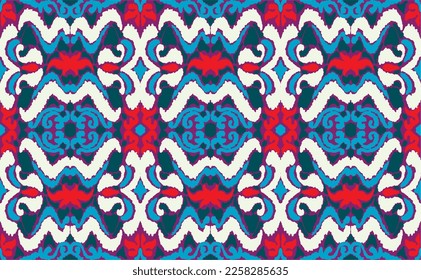 Vector nordic ornament. winter scandinavian seamless pattern, border design for fashion fabric, knit, textile, cross embroidery. Norwegian background with red and blue colors