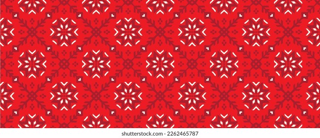 Vector nordic ornament. winter scandinavian seamless pattern, border design for fashion fabric, knit, textile, cross embroidery. Norwegian background with red and blue colors