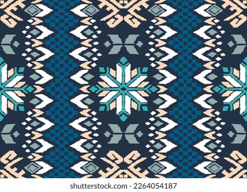 Vector nordic ornament. winter scandinavian seamless pattern, border design for fashion fabric, knit, textile, cross embroidery. Norwegian background with red and blue colors