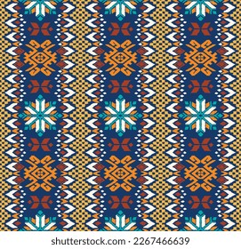 Vector nordic ornament. winter scandinavian seamless pattern, border design for fashion fabric, knit, textile, cross embroidery. Norwegian background with red and blue colors