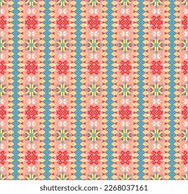 Vector nordic ornament. winter scandinavian seamless pattern, border design for fashion fabric, knit, textile, cross embroidery. Norwegian background with red and blue colors