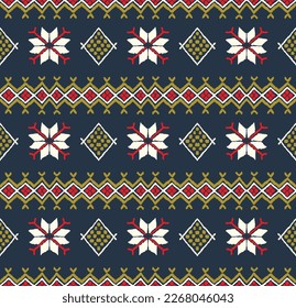 Vector nordic ornament. winter scandinavian seamless pattern, border design for fashion fabric, knit, textile, cross embroidery. Norwegian background with red and blue colors