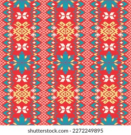 Vector nordic ornament. winter scandinavian seamless pattern, border design for fashion fabric, knit, textile, cross embroidery. Norwegian background with red and blue colors