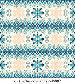 Vector nordic ornament. winter scandinavian seamless pattern, border design for fashion fabric, knit, textile, cross embroidery. Norwegian background with red and blue colors