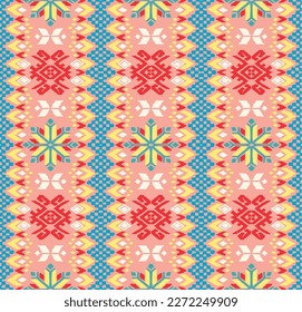 Vector nordic ornament. winter scandinavian seamless pattern, border design for fashion fabric, knit, textile, cross embroidery. Norwegian background with red and blue colors