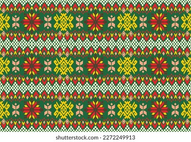Vector nordic ornament. winter scandinavian seamless pattern, border design for fashion fabric, knit, textile, cross embroidery. Norwegian background with red and blue colors