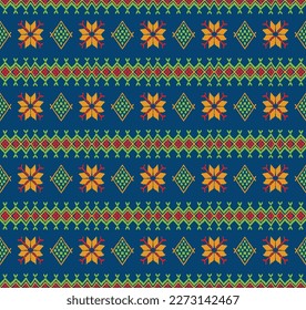 Vector nordic ornament. winter scandinavian seamless pattern, border design for fashion fabric, knit, textile, cross embroidery. Norwegian background with red and blue colors