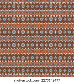 Vector nordic ornament. winter scandinavian seamless pattern, border design for fashion fabric, knit, textile, cross embroidery. Norwegian background with red and blue colors