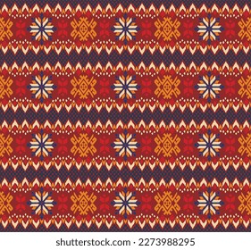 Vector nordic ornament. winter scandinavian seamless pattern, border design for fashion fabric, knit, textile, cross embroidery. Norwegian background with red and blue colors