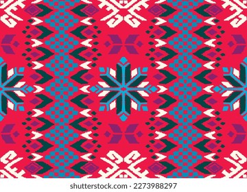 Vector nordic ornament. winter scandinavian seamless pattern, border design for fashion fabric, knit, textile, cross embroidery. Norwegian background with red and blue colors