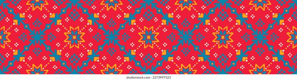 Vector nordic ornament. winter scandinavian seamless pattern, border design for fashion fabric, knit, textile, cross embroidery. Norwegian background with red and blue colors