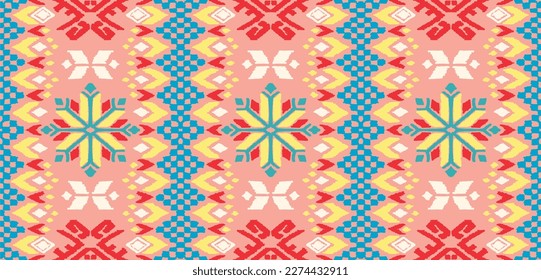 Vector nordic ornament. winter scandinavian seamless pattern, border design for fashion fabric, knit, textile, cross embroidery. Norwegian background with red and blue colors