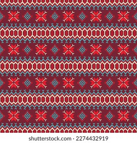 Vector nordic ornament. winter scandinavian seamless pattern, border design for fashion fabric, knit, textile, cross embroidery. Norwegian background with red and blue colors