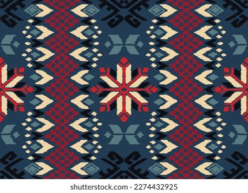 Vector nordic ornament. winter scandinavian seamless pattern, border design for fashion fabric, knit, textile, cross embroidery. Norwegian background with red and blue colors