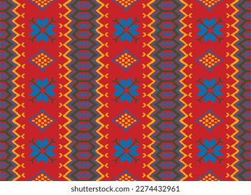 Vector nordic ornament. winter scandinavian seamless pattern, border design for fashion fabric, knit, textile, cross embroidery. Norwegian background with red and blue colors