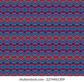 Vector nordic ornament. winter scandinavian seamless pattern, border design for fashion fabric, knit, textile, cross embroidery. Norwegian background with red and blue colors