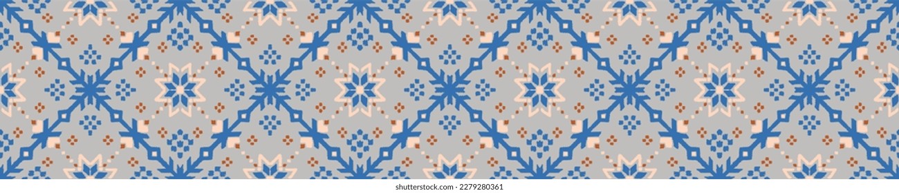 Vector nordic ornament. winter scandinavian seamless pattern, border design for fashion fabric, knit, textile, cross embroidery. Norwegian background with red and blue colors