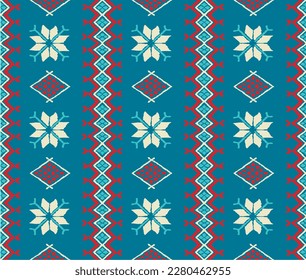 Vector nordic ornament. winter scandinavian seamless pattern, border design for fashion fabric, knit, textile, cross embroidery. Norwegian background with red and blue colors