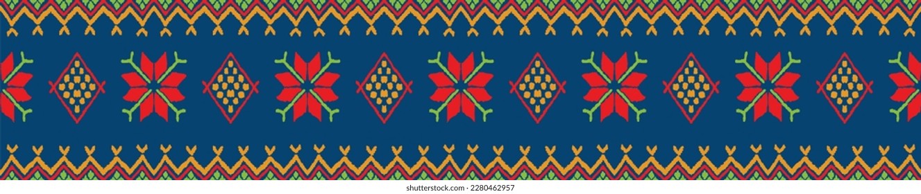 Vector nordic ornament. winter scandinavian seamless pattern, border design for fashion fabric, knit, textile, cross embroidery. Norwegian background with red and blue colors
