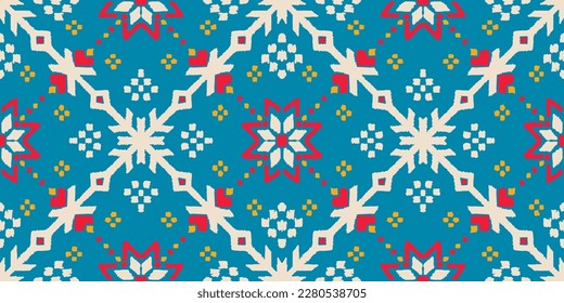 Vector nordic ornament. winter scandinavian seamless pattern, border design for fashion fabric, knit, textile, cross embroidery. Norwegian background with red and blue colors