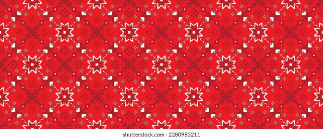 Vector nordic ornament. winter scandinavian seamless pattern, border design for fashion fabric, knit, textile, cross embroidery. Norwegian background with red and blue colors