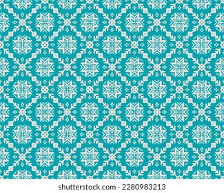 Vector nordic ornament. winter scandinavian seamless pattern, border design for fashion fabric, knit, textile, cross embroidery. Norwegian background with red and blue colors