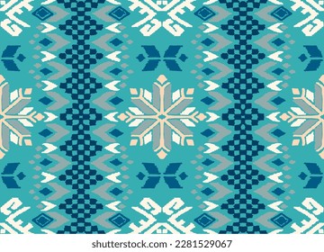 Vector nordic ornament. winter scandinavian seamless pattern, border design for fashion fabric, knit, textile, cross embroidery. Norwegian background with red and blue colors