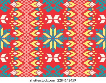 Vector nordic ornament. winter scandinavian seamless pattern, border design for fashion fabric, knit, textile, cross embroidery. Norwegian background with red and blue colors