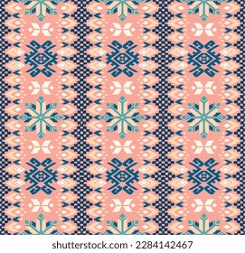 Vector nordic ornament. winter scandinavian seamless pattern, border design for fashion fabric, knit, textile, cross embroidery. Norwegian background with red and blue colors