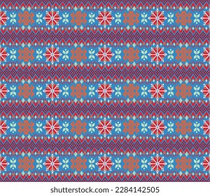 Vector nordic ornament. winter scandinavian seamless pattern, border design for fashion fabric, knit, textile, cross embroidery. Norwegian background with red and blue colors